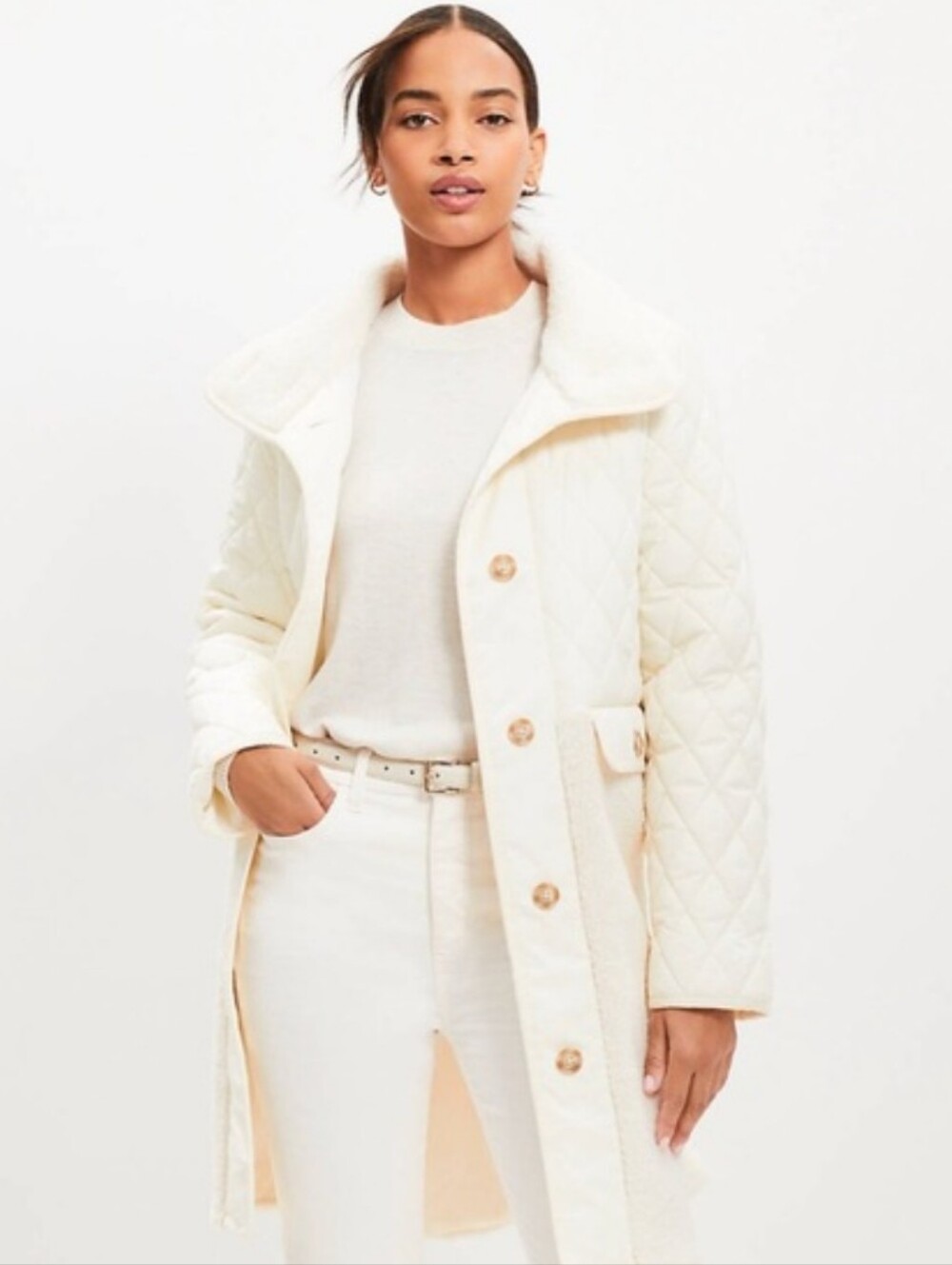 Loft Ivory Sherpa Funnel Neck Quilted Coat NWT